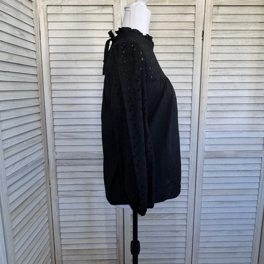 Madewell‎ Top Black Eyelet Ruffle Neck Long Sleeve Peasant Boho Full Coverage XS